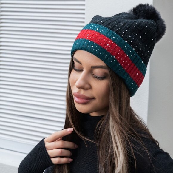 Black Beanie Hat Slouchy Pom Pom Green Red Strips NWT for Women - Picture 1 of 1